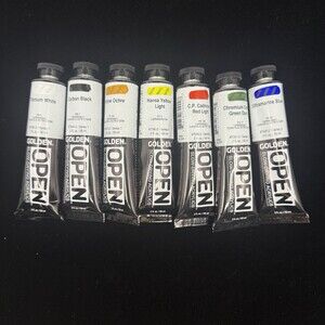 Golden OPEN Slow-Drying Acrylics Set Of 7 w/1 Qt Bucket & Palette Knife NEW